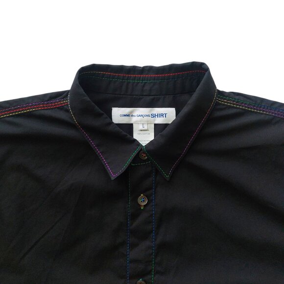 (SOLD) Comme des Garçons Shirt Black Button Up Contrasting Rainbow Stitching - Picture 5 of 7